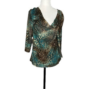 Libra Teal Gold Metallic  ¾ Sleeve Cowl Neck Top